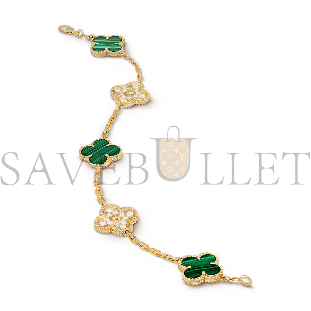 van cleef arpels vintage alhambra bracelet, 5 motifs - yellow gold, Di*m*nd, malachite  vcaro7gq00